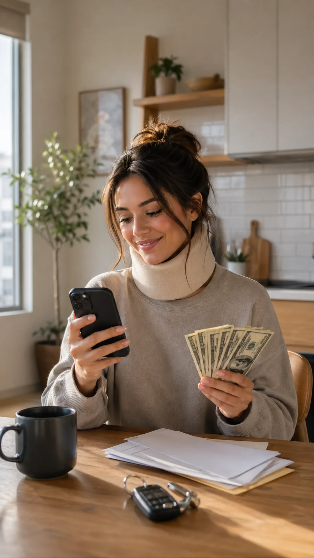 Young woman with a neck brace reviewing her settlement on a phone at a kitchen table